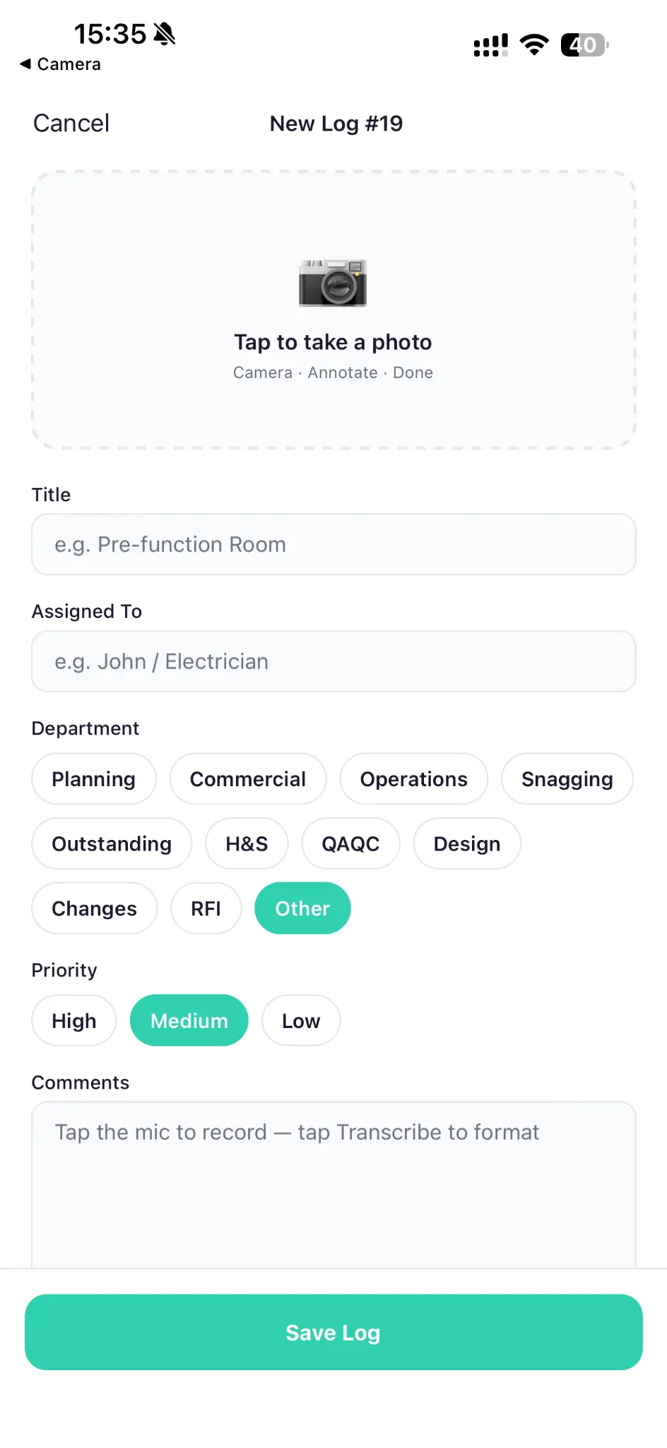 Site Log - New log with voice recording